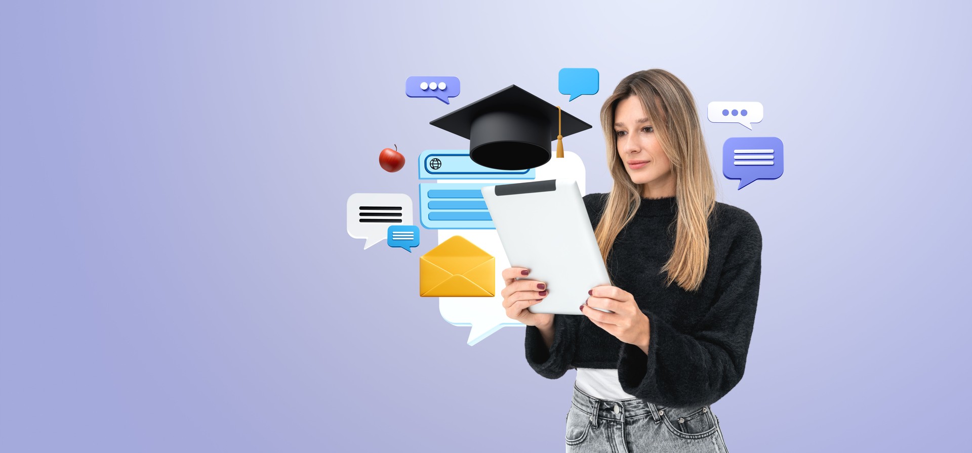 Woman using tablet with online education icons, purple background