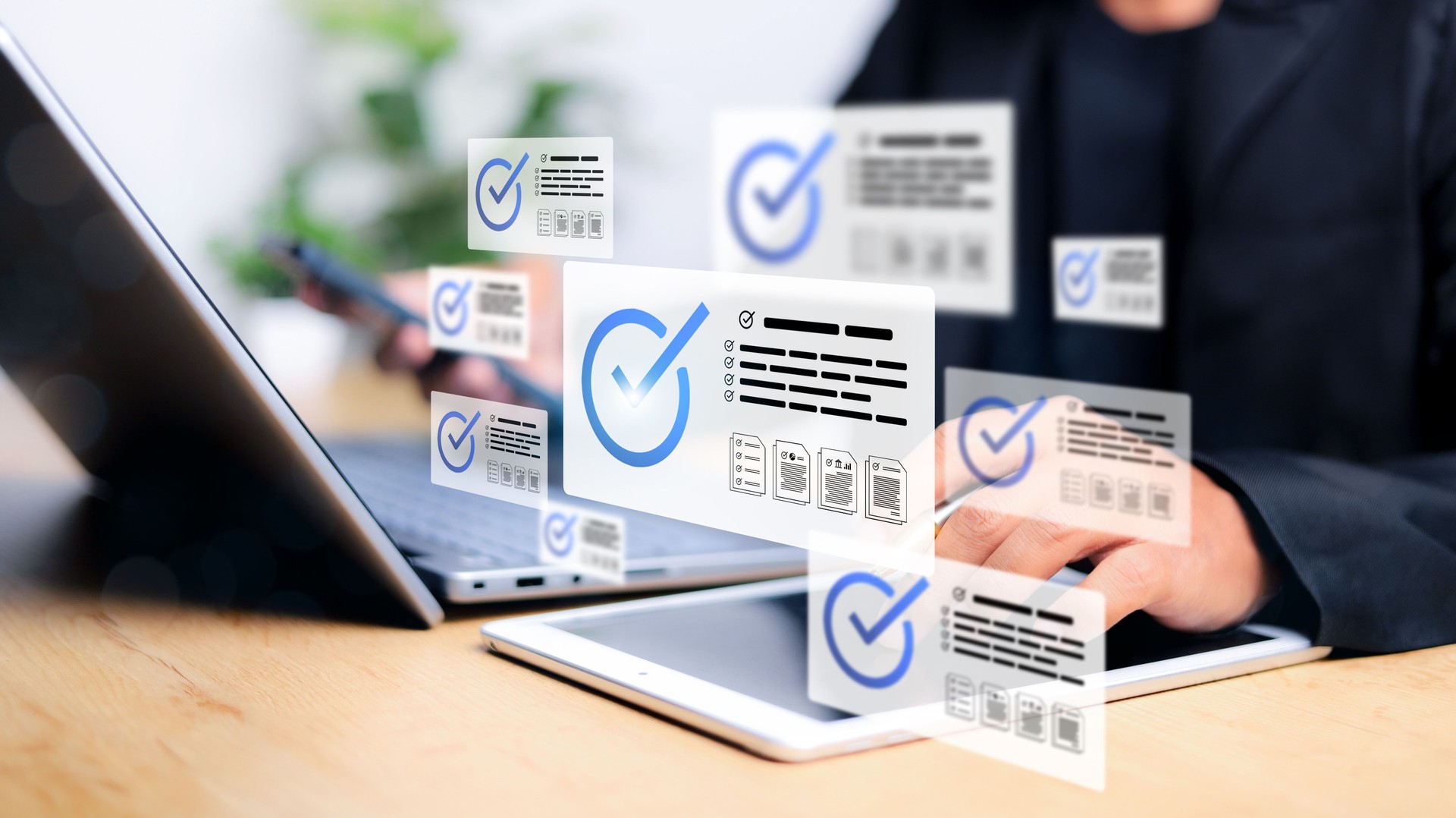 Businessman Take an assessment, Check list, questionnaire, evaluation, filling out an online survey form. Answer the test questions. online survey exam Choosing the right answer in the exam,